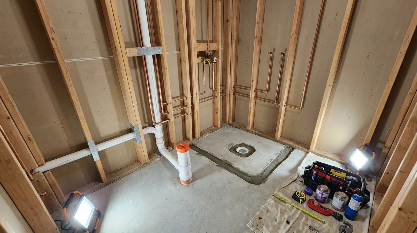 Bathroom rough-in plumbing during remodel by Johns Plumbing LLC in Mullens