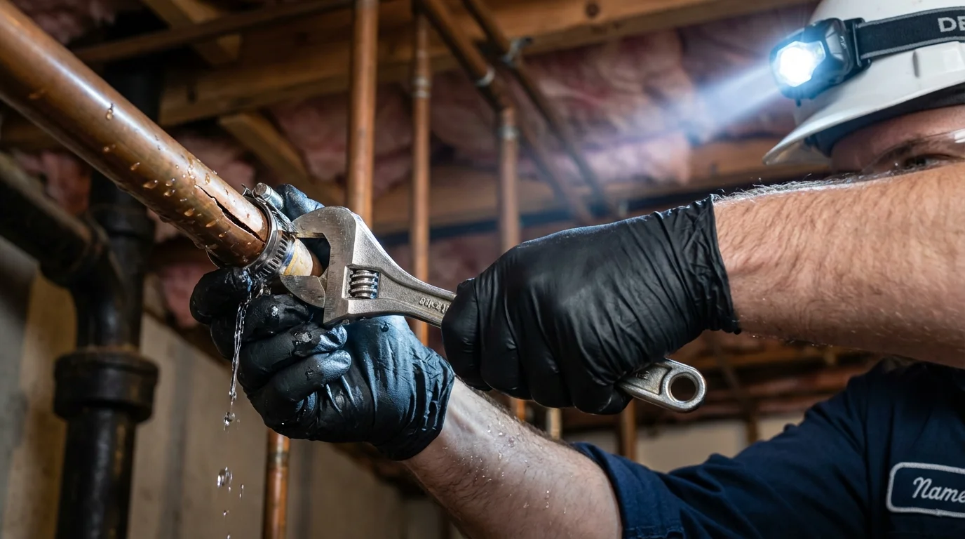 Emergency pipe clamp repair being performed by a Johns Plumbing LLC plumber in Mullens