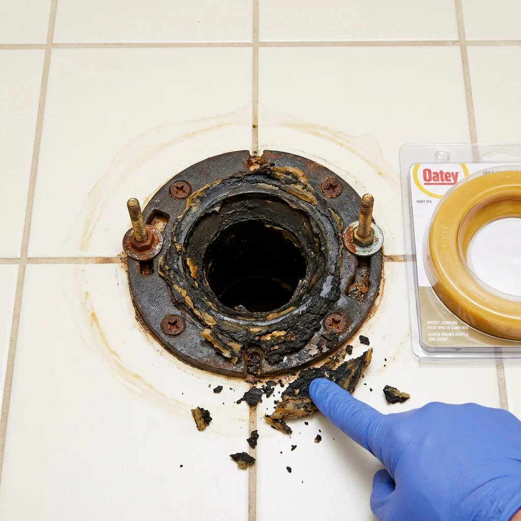 Failed wax ring showing water seepage at the base of a toilet in a Mullens, WV home