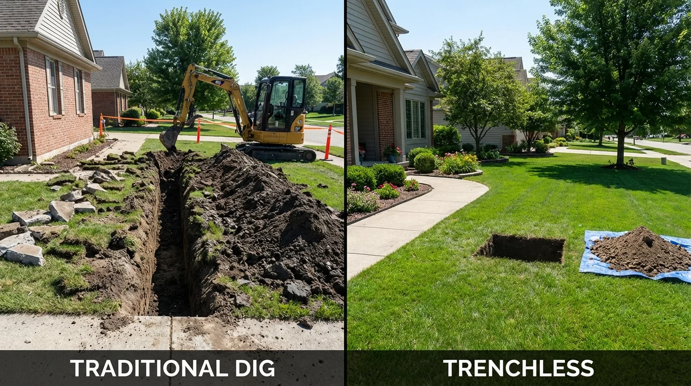 Trenchless sewer repair with minimal yard damage versus traditional excavation in Mullens, WV