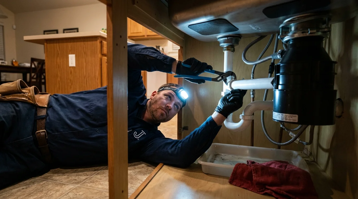 P-trap and supply line connections under a kitchen sink showing a common leak point in Mullens, WV